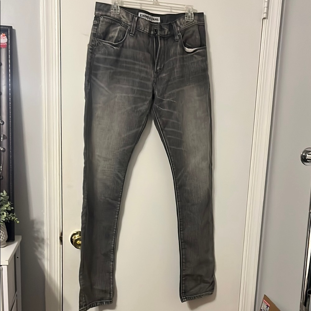 Express Gray Slim Jeans with Vintage Distressing